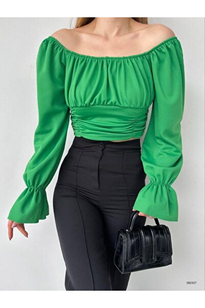 Modafeminen Stretchy Crepe Fabric Sleeves Flounce Strapless Neckline Crop Blo...