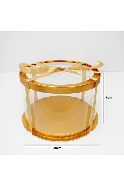 Generic 1 piece of round transparent cake boxes, gold color, dimensions 26 x