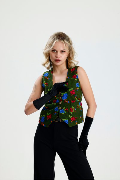 İna Vintage Floral Patterned Flannel Khaki Winter Vest