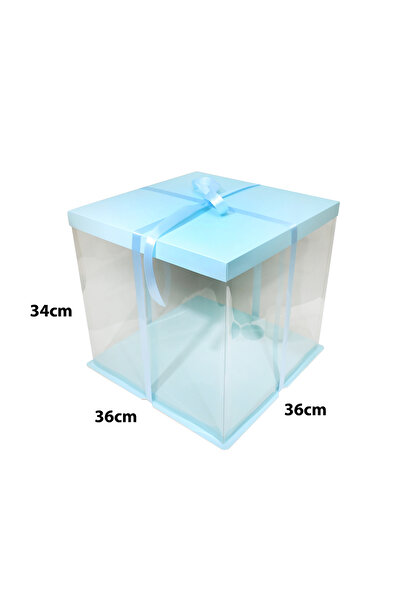 Generic 1 piece of clear cake boxes with a sky-blue ribbon, dimensions 36