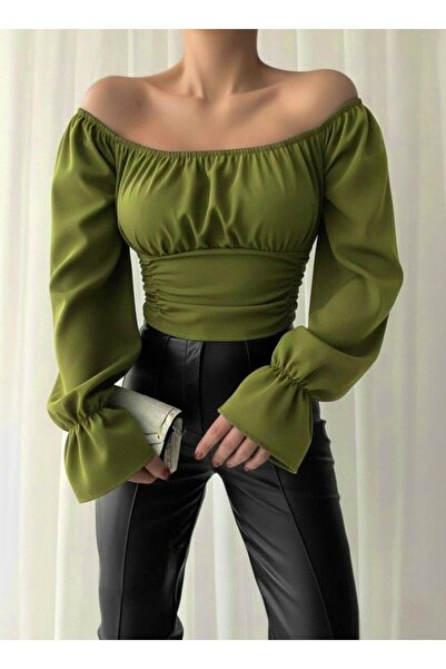 Modafeminen Stretchy Crepe Fabric Sleeves Flounce Strapless Neckline Crop Blo...