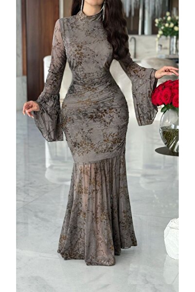 VİVİ Long evening dress with a floral print, high neckline, and wide sleeves.