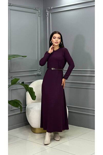 Cannes Bagi Crew Neck Long Sleeve Belted Maxi Dress - Purple