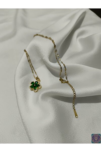 uyguntakıaksesuar Yeşil Taşlı Yonca Kolye – Altın Renk İnce Zincirli Zarif Ka...