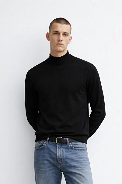 MATERIAL Ανδρικό φαρδύ πλεκτό πουλόβερ μαύρο με μισό λαιμό