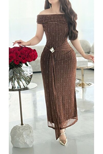 VİVİ Bronze shimmering midi evening dress with a one-shoulder design