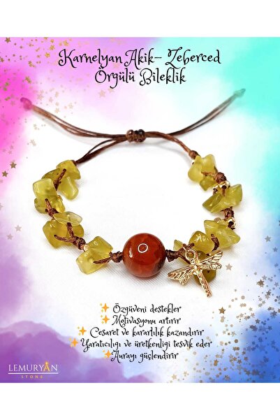 Karnelyan Akik & Zeberced (Peridot) Peri Örgülü Doğaltaş Bileklik
