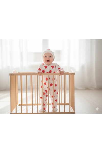 AHSEN ALYA BEBE MODA Büyük Kalp Desenli Şapkalı Tulum %100 Pamuk 3 Farklı Bed...