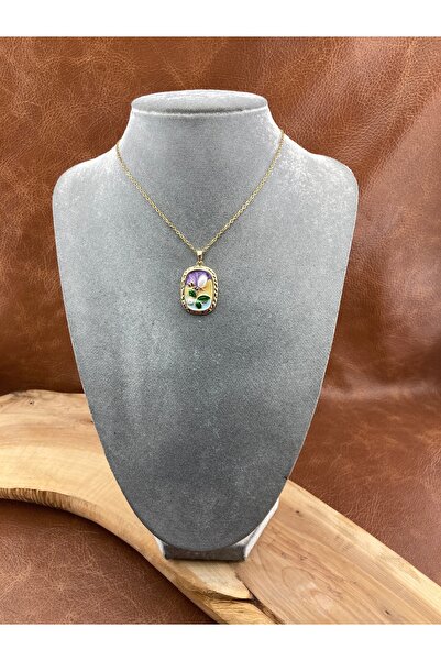 ASİLZADE Vintage Mineli Tablo Kolye - İncili Çiçek ve Kelebek Desenli 18 Ayar...