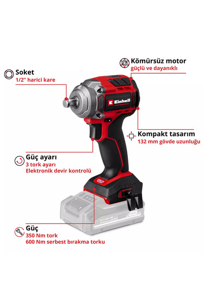 Einhell TP-CW 18/350-C Li BL - Solo, Akülü Kömürsüz Darbeli Somun Sıkma - 4510055