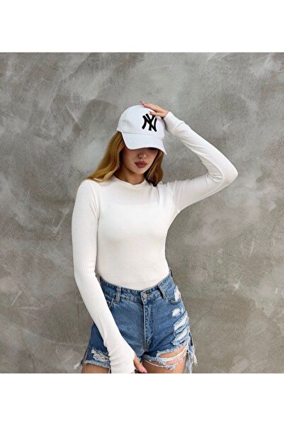 meymers Women's White Long Sleeve Basic Bodysuit with Finger Detail