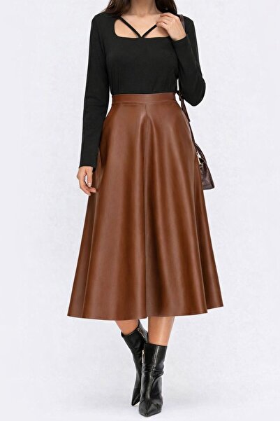 mass fashion Γυναικεία δερμάτινη φούστα με λεπτομέρεια από φερμουάρ