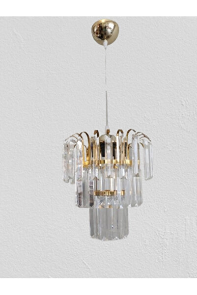 DMR Üç Katlı Fiskiyeli Düz Kristal Taşlı ALTIN (Gold) Yuvarlak Tekli Avize E-...