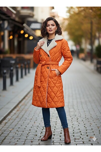 Gülsoy -Yakası kürklü Şişme mont-Turuncu