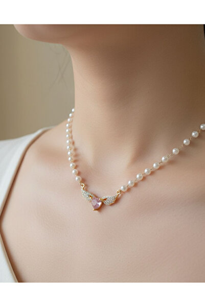 Butik Çelik İnci Kolye,kristal Pembe taşlı,kanatlı Pembe Kristal taş Kolye Ucu