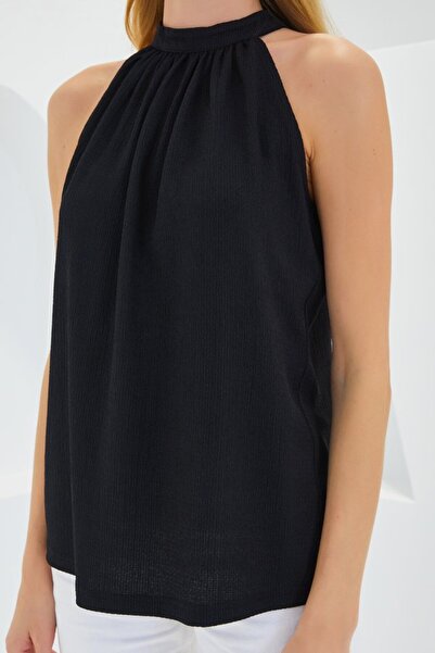 JANES    0489 Halter Neck Knitted Blouse - Black