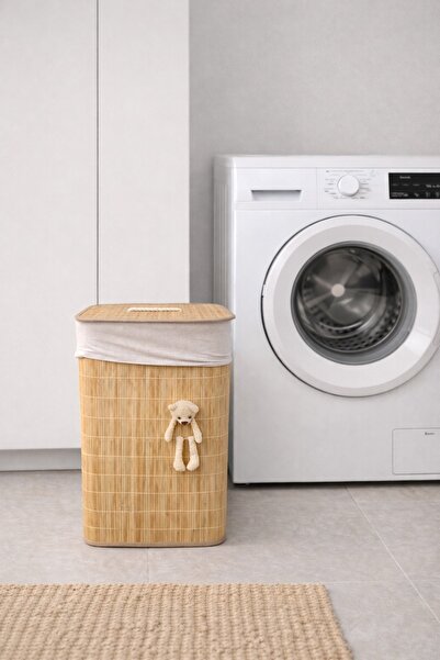 Evila Bambu Ayıcık Detaylı Dikdörtgen Kirli Sepeti | Kapaklı ve Bez Astarlı Ç...