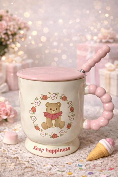 matheon Teddy Bear Mug with Lid and Spoon – “Keep Happiness” Mug with Floral ...