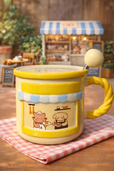 matheon Yellow Mug with Lid and Spoon – Cute Patterned Gift Mug with Cafe-The...