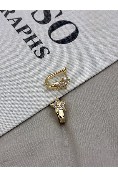 Hedef Bijuteri Gold Color U Model Star Detailed Zircon Stone Earrings Cm49