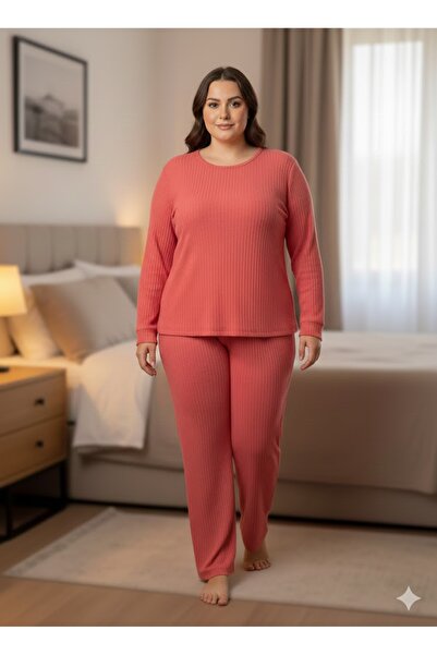 FAMES PİJAMA Women's Pink Transitional Long Sleeve Ribbed Knit Pajama Set