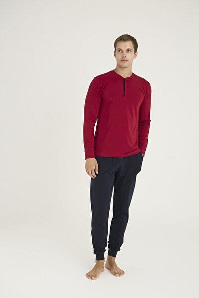 KLY Ανδρικό κοστούμι πιτζάμα με μακρυμάνικο μανίκια με κουμπιά, 100% βαμβάκι