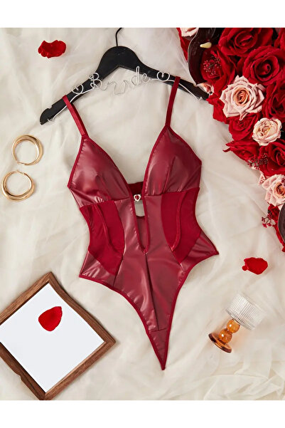 ALİVİONS Derin V Yaka Transparan Detaylı Deri Body