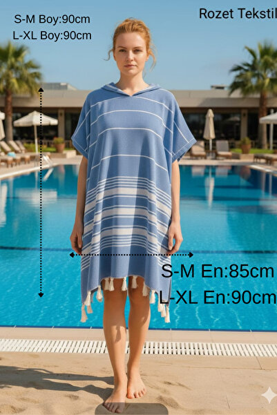 ROZET TEKSTİL Tasseled Hooded Bath Sauna Pool Beach Women Unisex Cotton Washc...