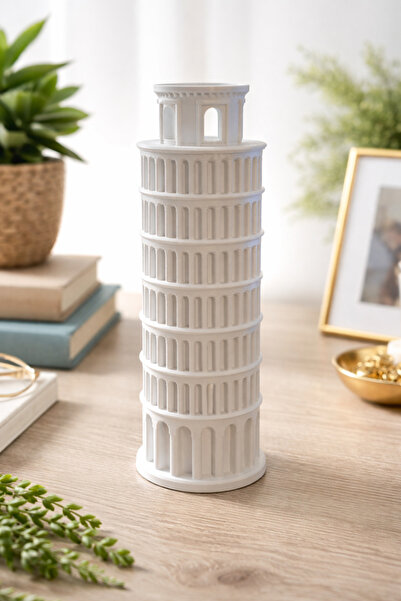 3DPROGA 3D Baskı Pisa Kulesi Dekoratif Biblo – 20 cm Beyaz Masa Üstü Aksesuar