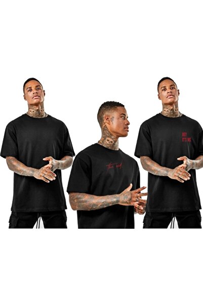 donamod 3-pack The End Print Hey Its Me Print Απλό μαύρο μπλουζάκι υπερμεγέθη...