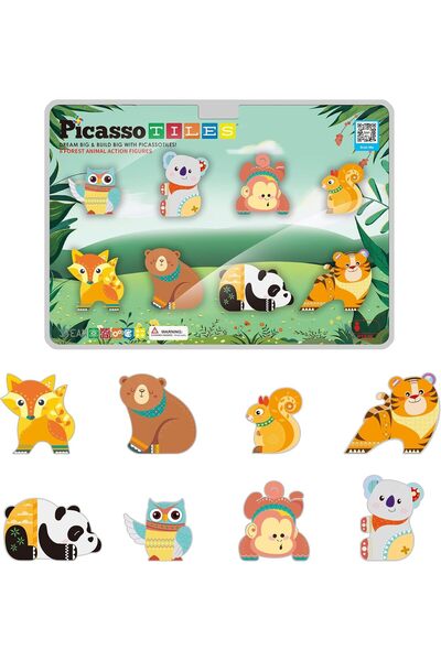 PicassoTiles مكعبات بناء مغناطيسية - 8 قطع من مجسمات حيوانات الغابة