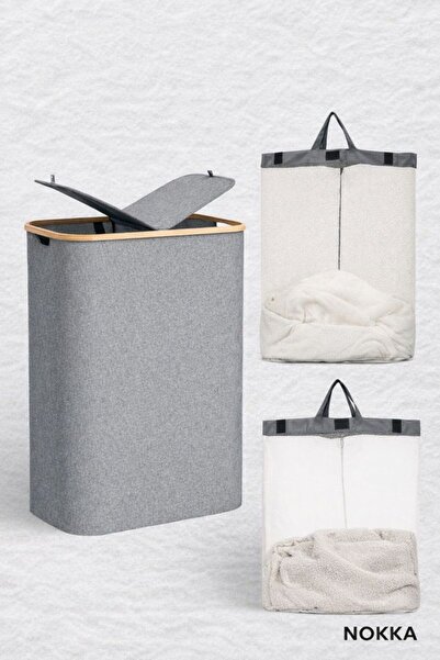 NOKKA 150 Litre Bambu Kapaklı Katlanabilir Çamaşır Sepeti, 2 Bölmeli Kirli Se...