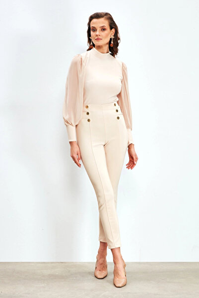 Sateen Μπλούζα με ψηλό γιακά και λεπτομέρεια από σιφόν στα μανίκια - Μπεζ