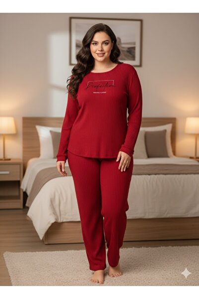FAMES PİJAMA Women's Red Transitional Ribbed Knit Pajama Set