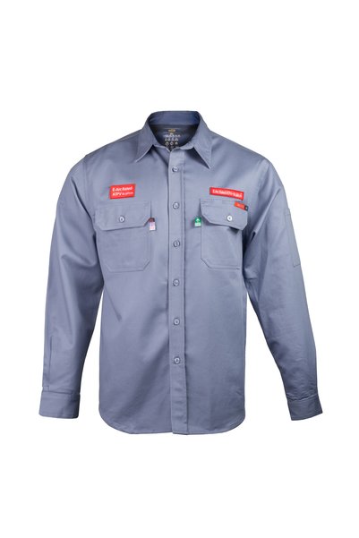 Shelter قميص ليوبارد 600 ATPV 8 CAL FR مصنوع من القطن بنسبة 100%، ومصنف ضمن الفئة 2، ومتوافق مع معايير NFPA 70E و ASTM للملابس العملية.