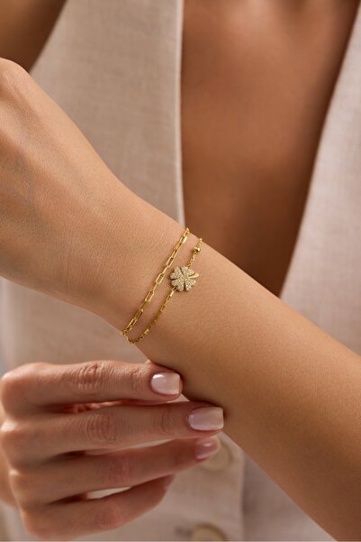 Nereze 925 Ayar Gümüş Gold Kaplama Çift Zincirli Dört Yapraklı Yonca Model Bi...