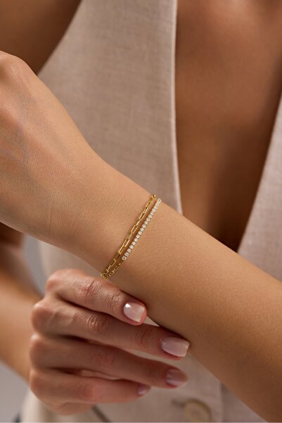 Nereze 925 Ayar Gümüş Gold Kaplama Çift Zincirli Suyolu Model Bileklik