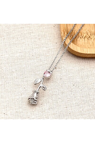 Siya Silver Pink Zircon Stone Rose Petal Motif Steel Necklace - Gift Boxed