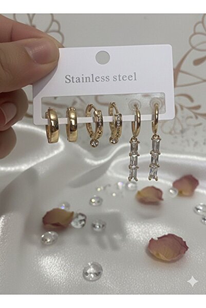 LUXENYA DESİGN Gold Color Stainless Steel Zircon Stone Multi Ring Women Earri...