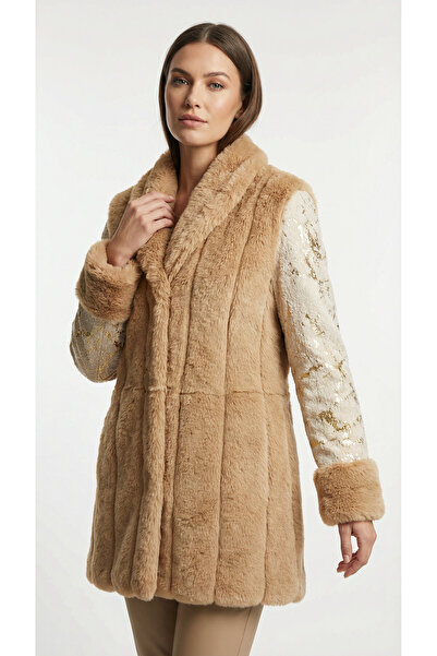 NESHA GROUP Kadın Premium Şal Yaka Peluş Kaban Camel – Ekru Gold Desenli Kol,...