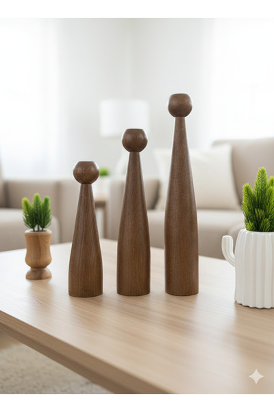 Woodya Lüx ahşap topbaş ceviz rengi şamdan 21cm-26cm-31cm