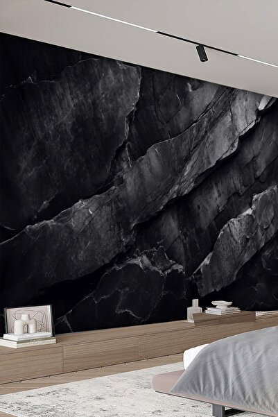 dreamwall Black Rift – Siyah Doğal Taş Görünümlü Tek Parça Tekstil Duvar Kağıdı