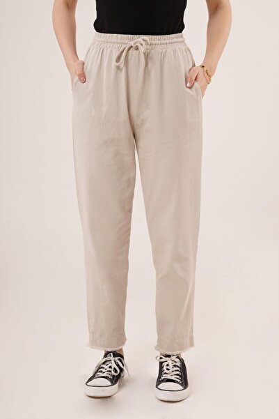 Wear Up Pocketed Waist Tied Leg Detailed Cream Trousers