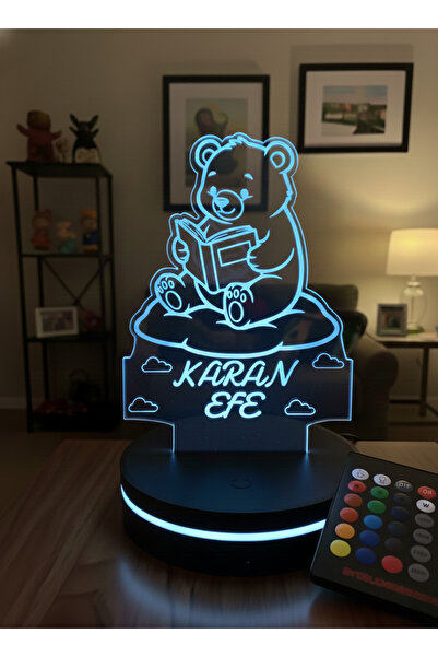 Eymi Design Kişiye Özel İsimli Ayıcık 3D LED Gece Lambası | 10 Renk Kumandalı