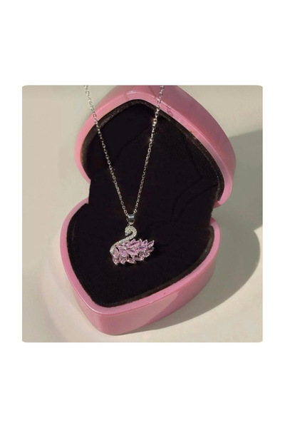 stainles steel Unusual Women's Silver Color Pink Stone Swan Steel Necklace