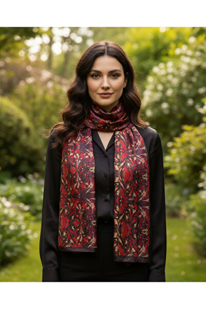 tuaipek Rüzgar Kızıl Desen Şık & Zarif Kadın Aksesuarı Saten Fular 30x165cm