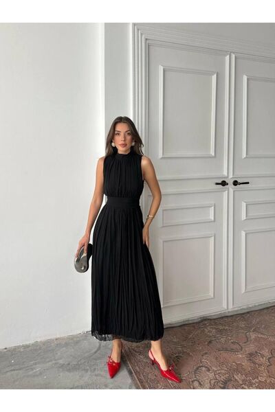 hillone Massimo Model Draped Stand Collar Sleeveless Black Long Chiffon Dress