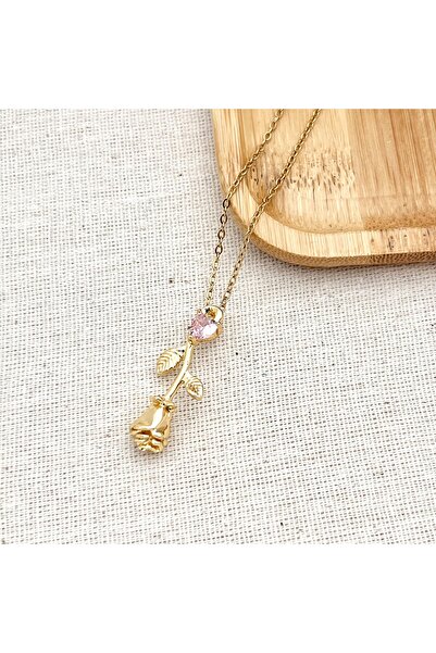 Siya Silver قلادة فولاذية بحجر الزركون الوردي ونقش أوراق الورد - مع علبة هدايا