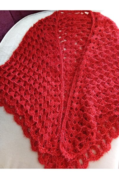 Pervin Ablacım Silvery Red Hand-Knitted Shawl Is Crocheted.