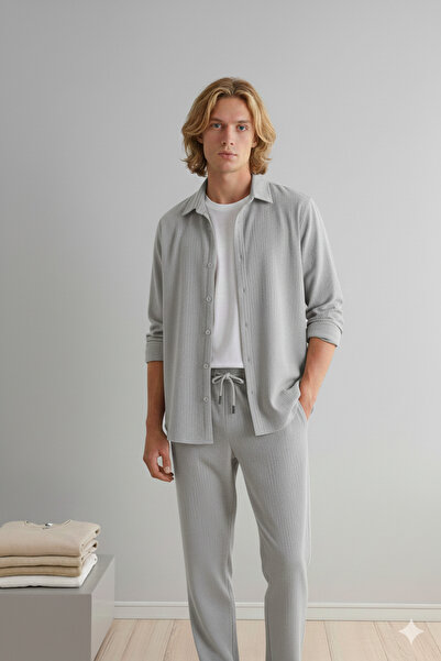 Modaikon Stretch Fabric Crepe Fabric Men/Unisex Long Sleeve Shirt Bottom Top Set